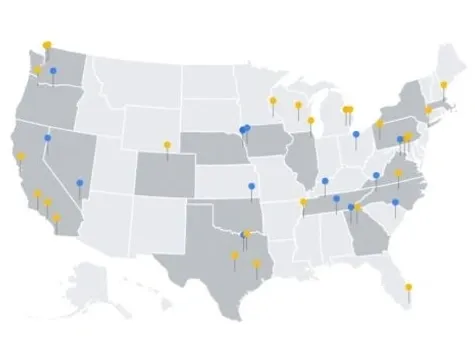 Map of the United States with pins.