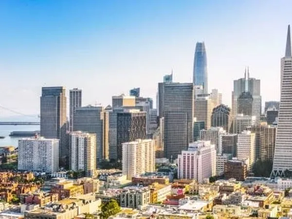 Skyline of a modern cityscape with skyscrapers.