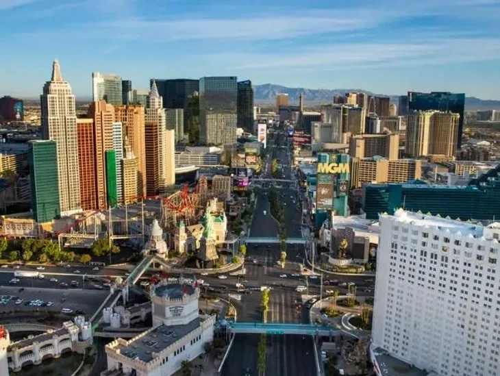 Las Vegas Strip skyline with tall buildings.
